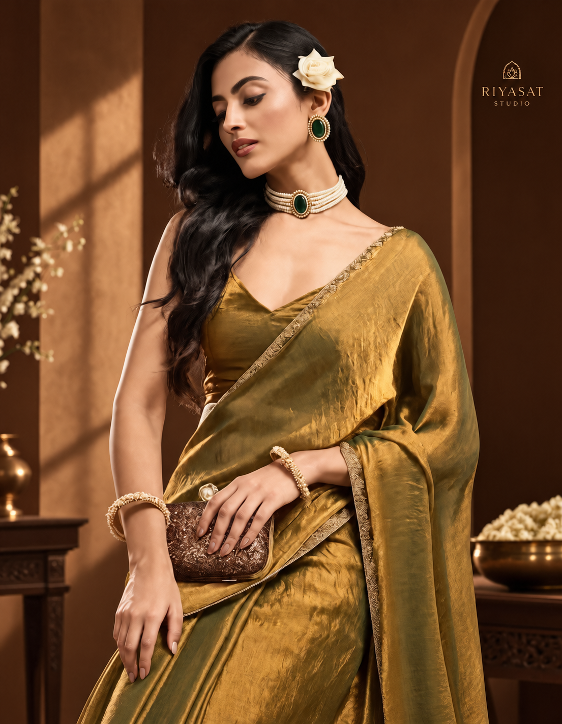 Riyasat Studio - Golden Shine Soft Chiffon Saree with Blouse Piece